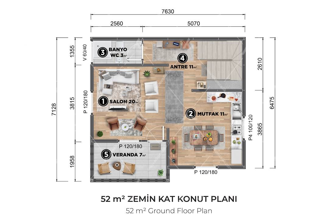 100m² Alkon Villa Çift Katlı Zemin Kat Planı
