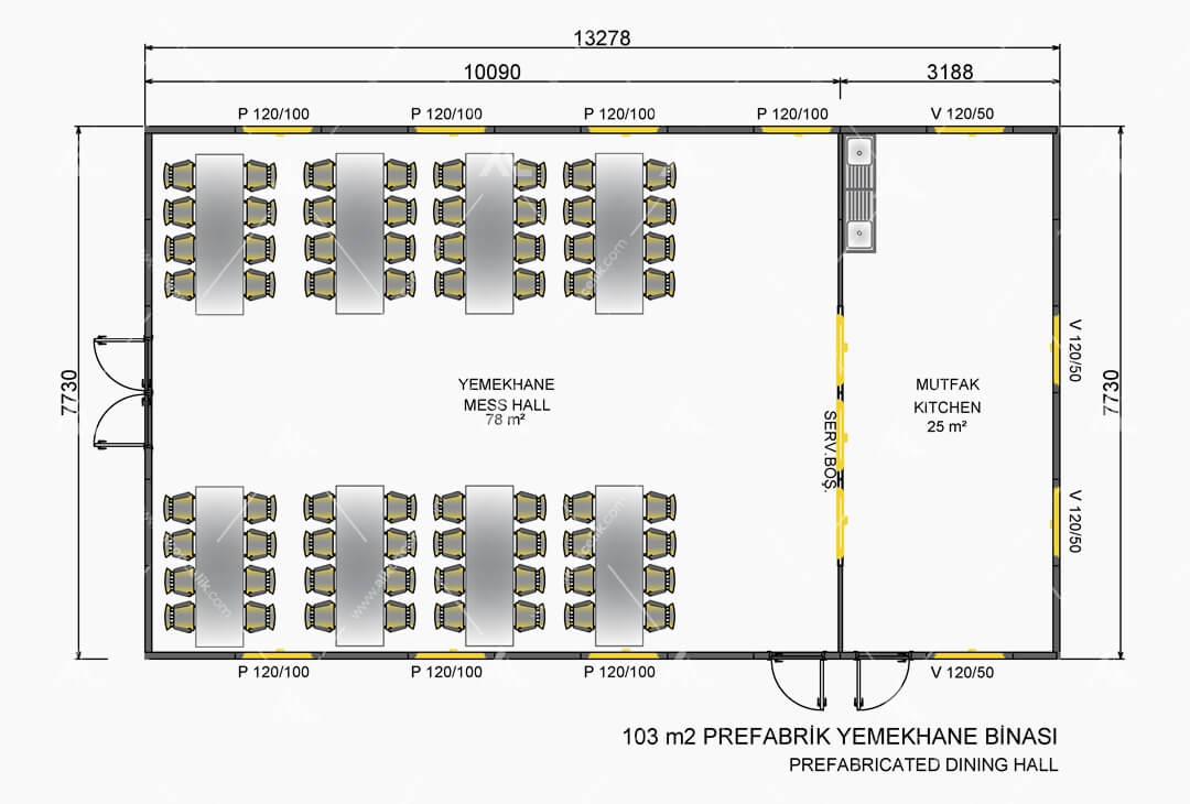 103m² Prefabrik Yemekhane Planı