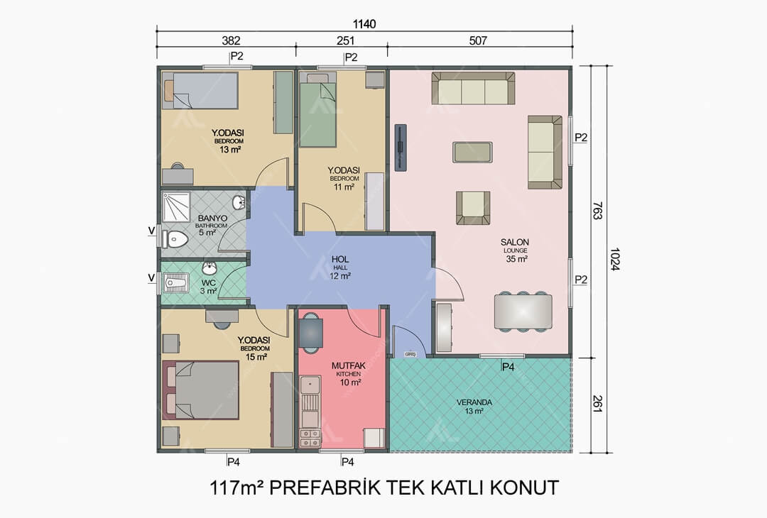 117m² Prefabrik Ev Planı