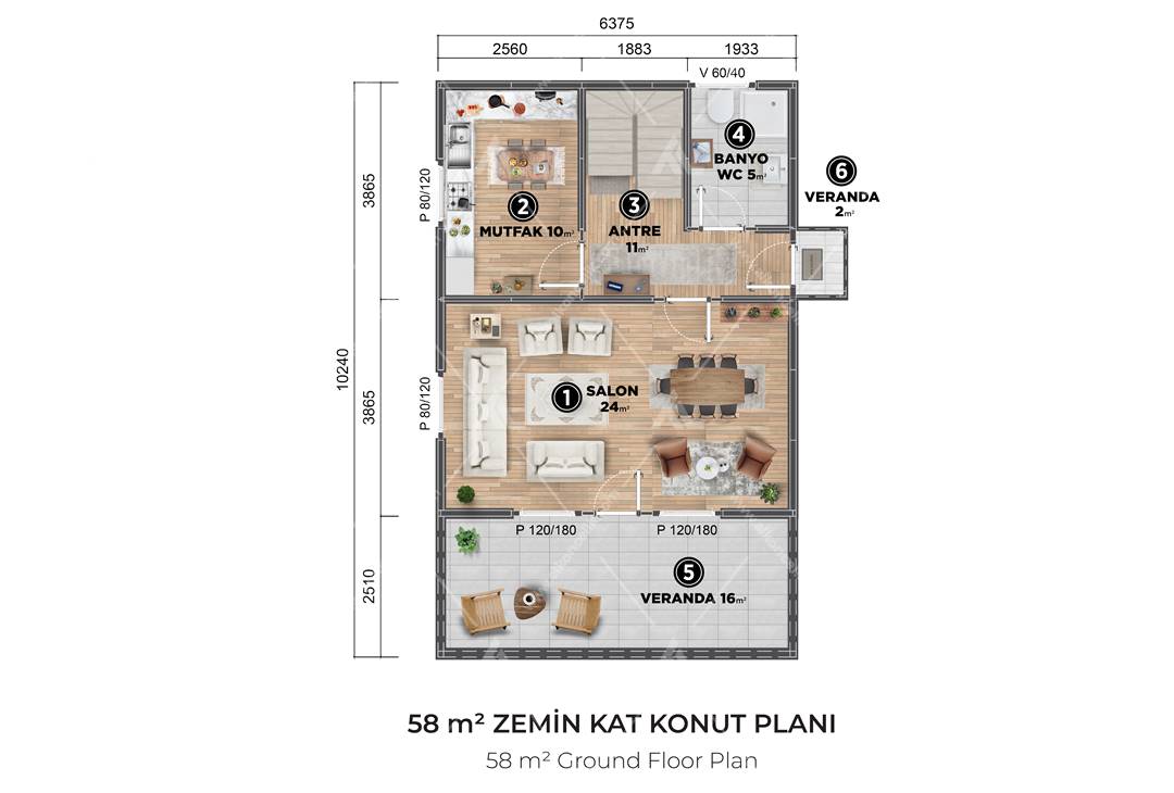 122m² Alkon Villa Çift Katlı Zemin Kat Planı