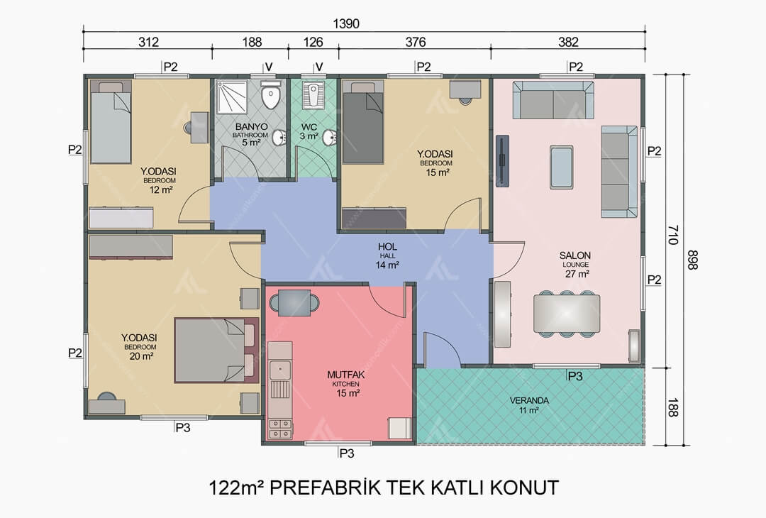 122m² Prefabrik Ev Planı
