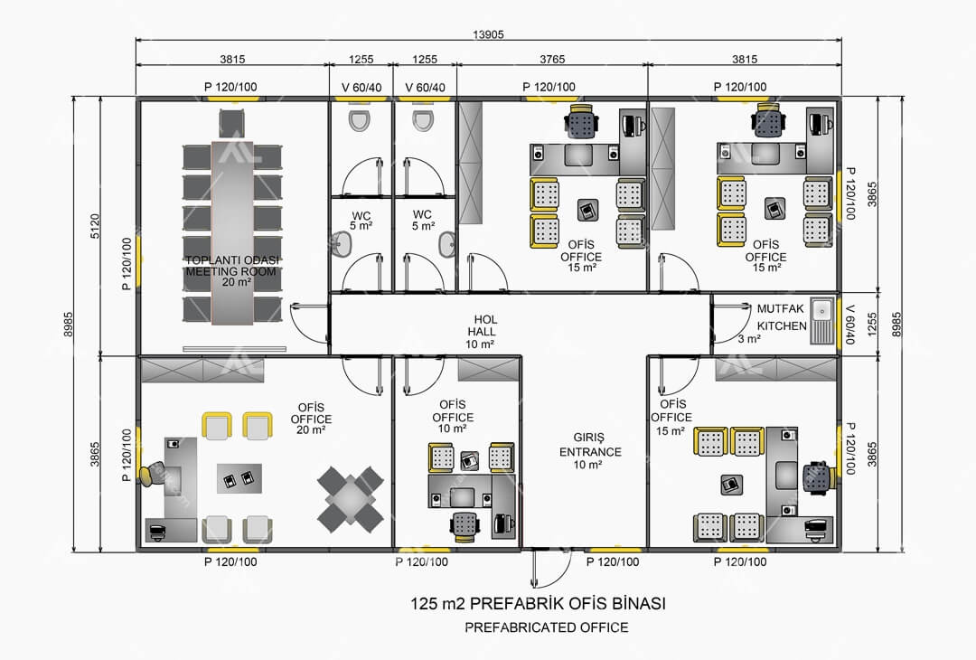 125m² Prefabrik Ofis Planı