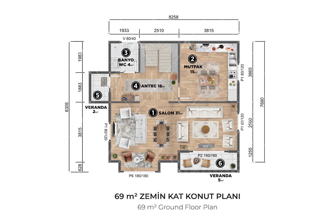 136m² Alkon Villa Çift Katlı Zemin Kat Planı