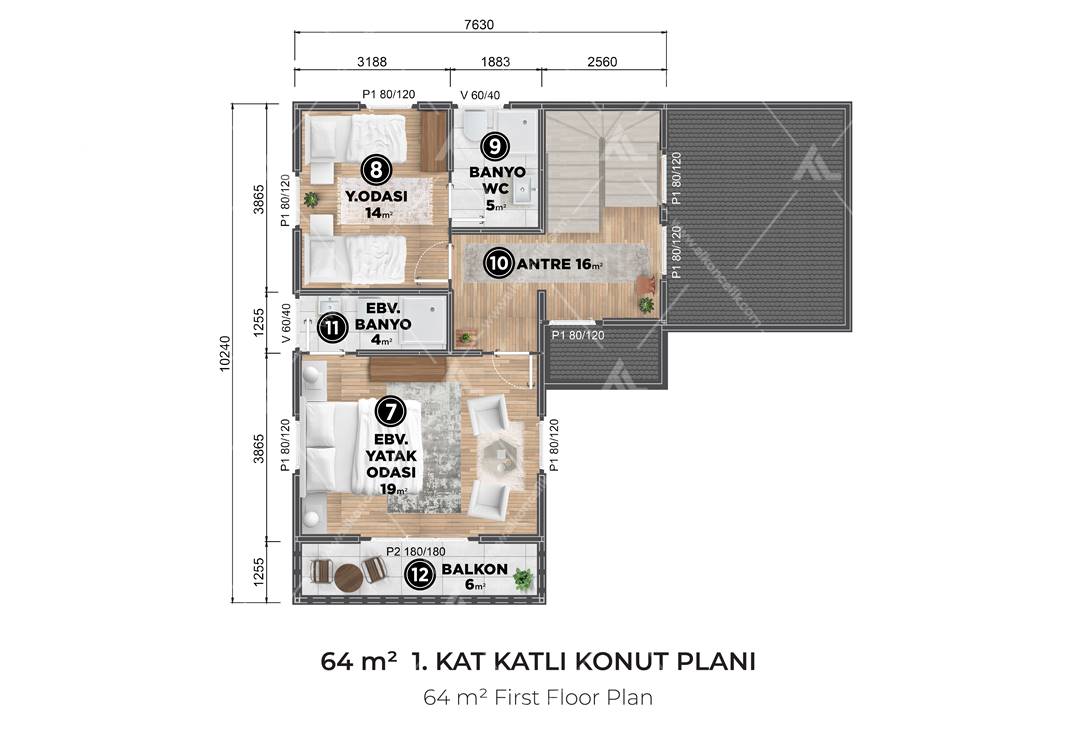 145m² Alkon Villa Çift Katlı Kat 1 Planı