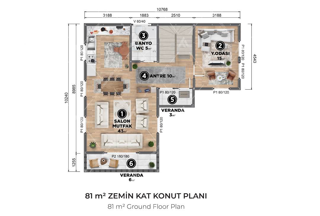 145m² Alkon Villa Çift Katlı Zemin Kat Planı