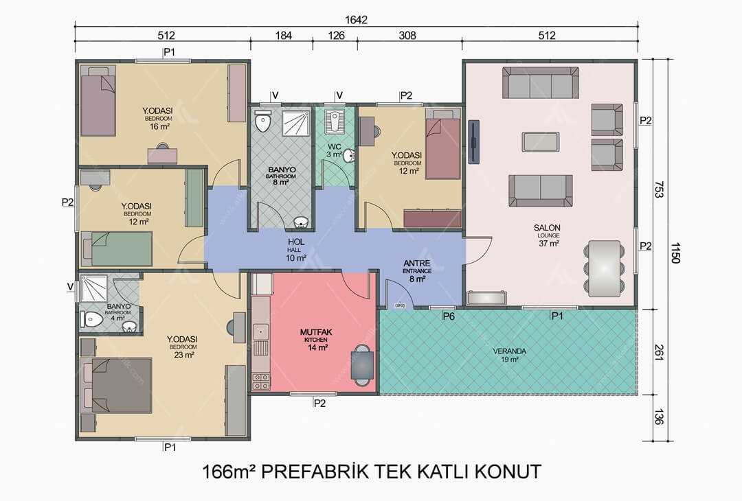 166m² Prefabrik Ev Planı