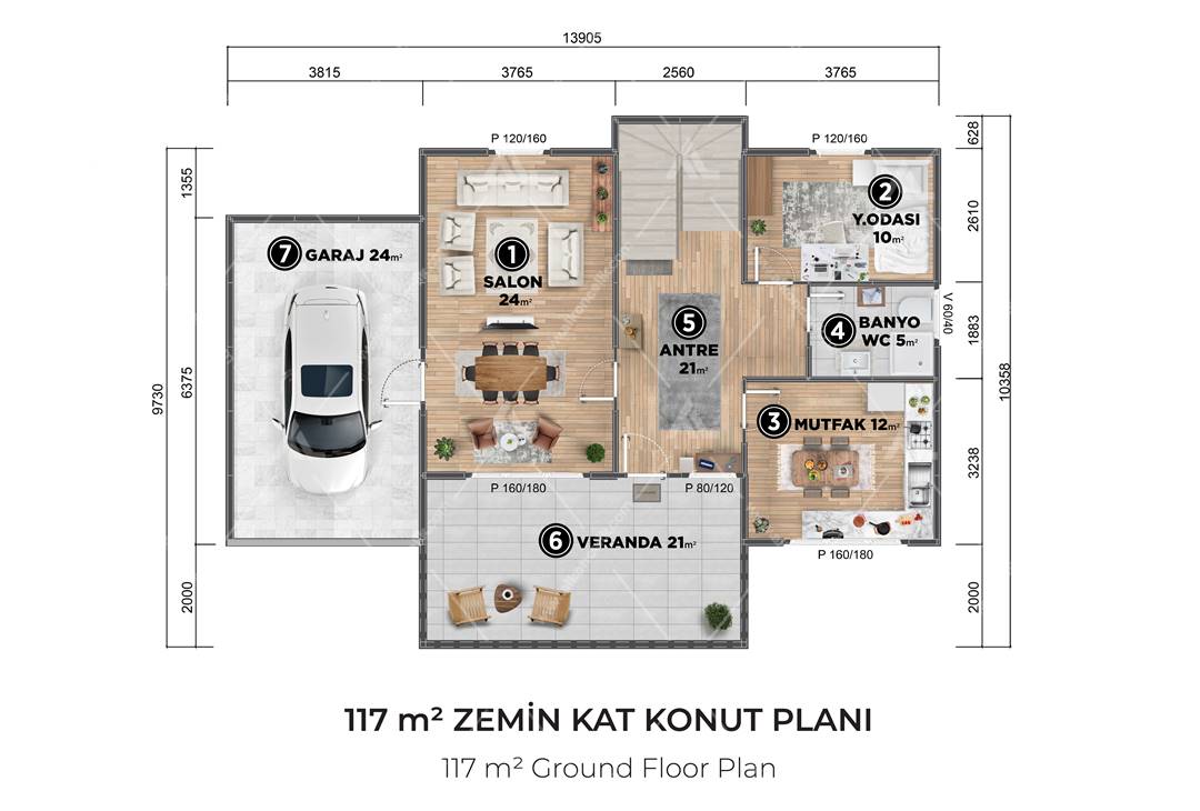 210m² Alkon Villa Çift Katlı Zemin Kat Planı