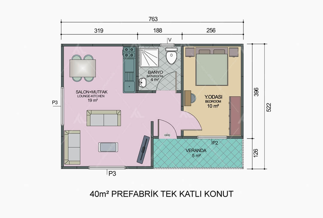 40 m² Prefabrik Ev Planı