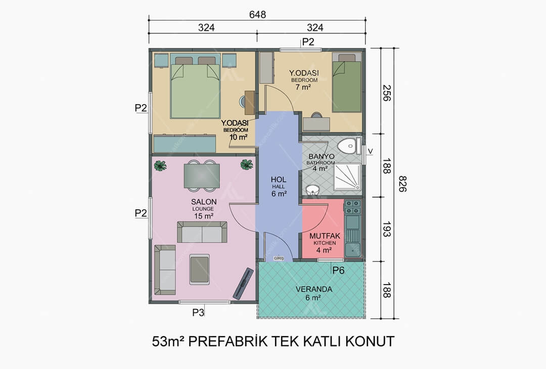 53m² Prefabrik Ev Planı