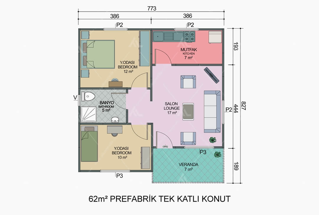 62m² Prefabrik Ev Planı