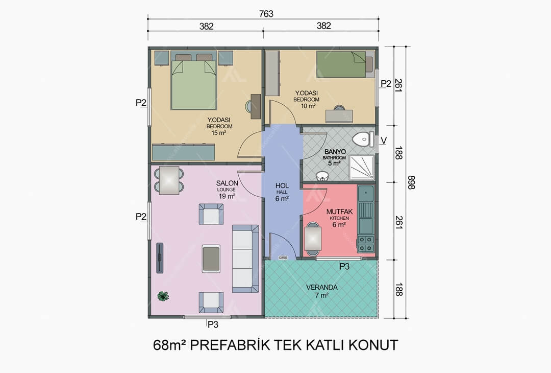 68m² Prefabrik Ev Planı