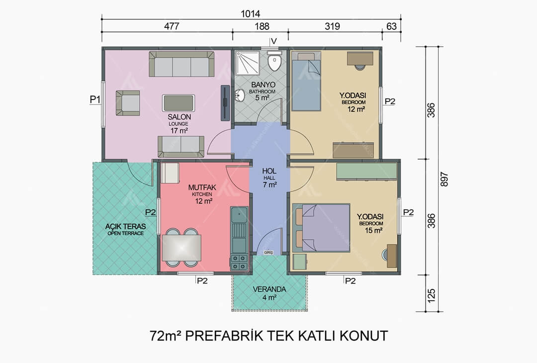 72m² Prefabrik Ev Planı