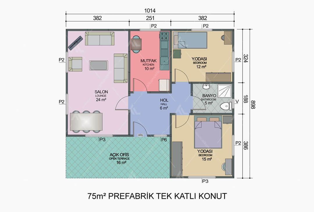 75m² Prefabrik Ev Planı