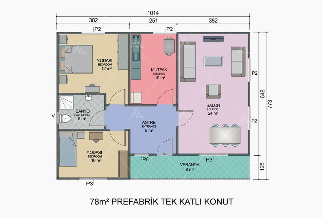 78m² Prefabrik Ev Planı