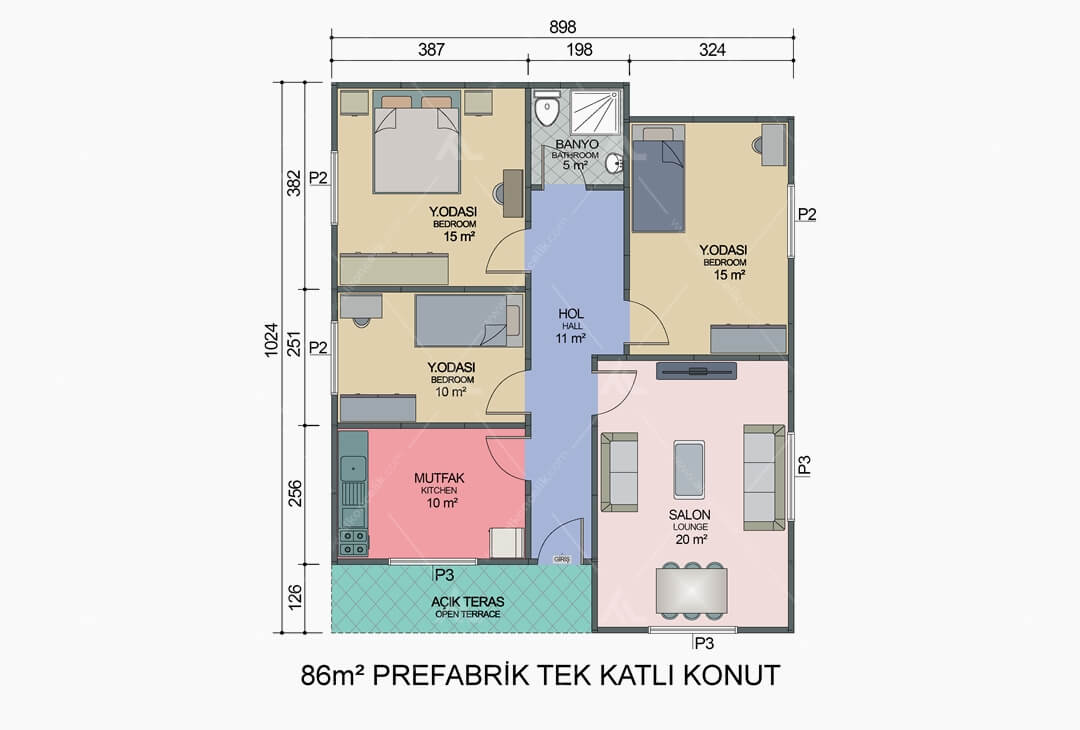 86m² Prefabrik Ev Planı