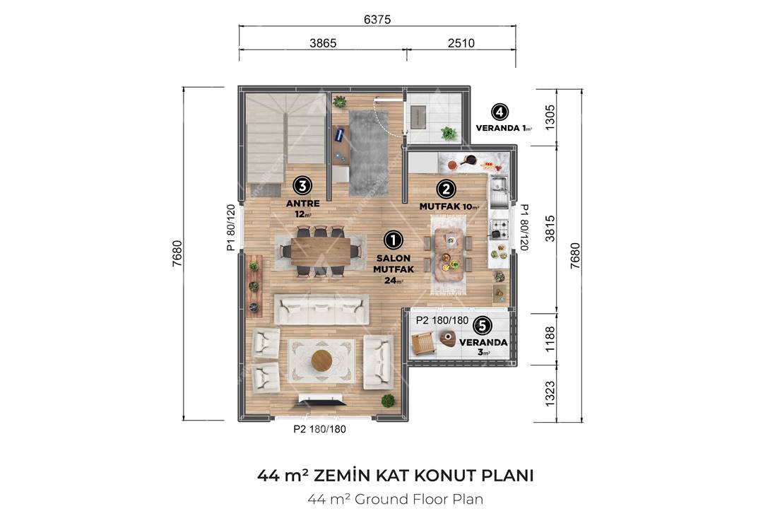 90m² Alkon Villa Çift Katlı Zemin Kat Planı