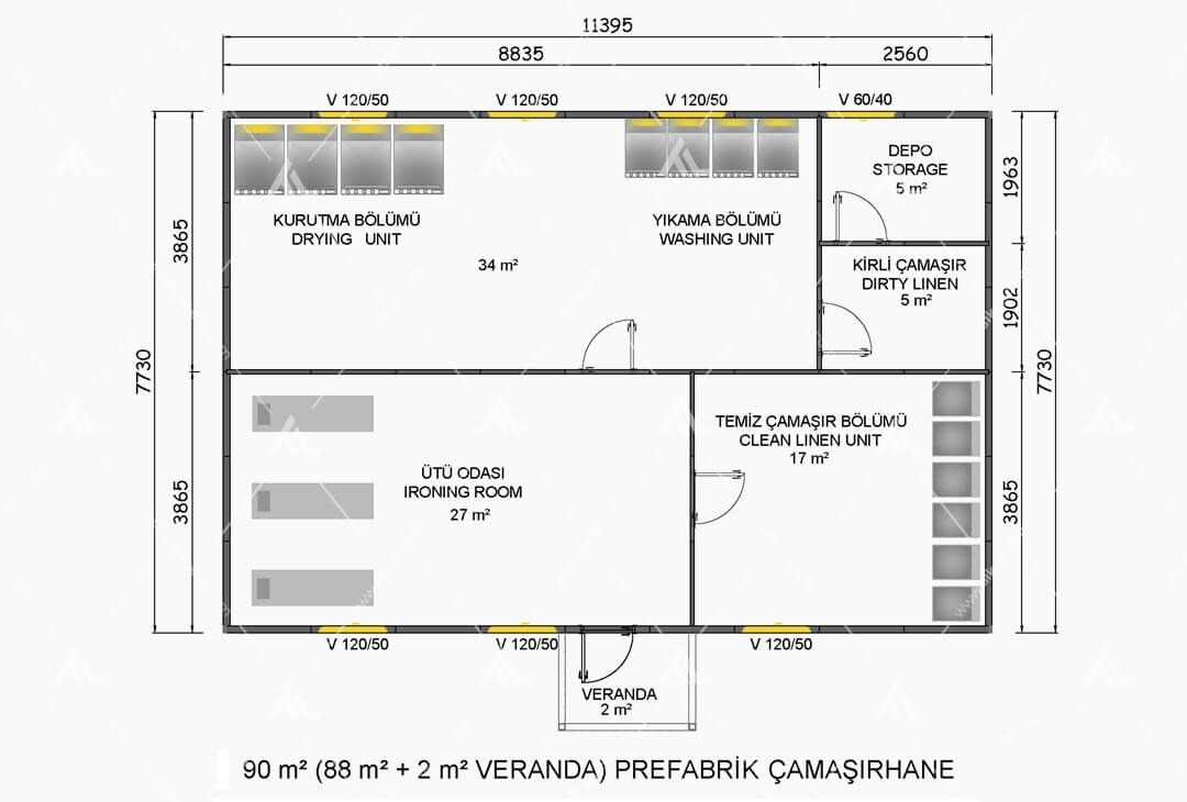 90m² Prefabrik Çamaşırhane Binası Planı