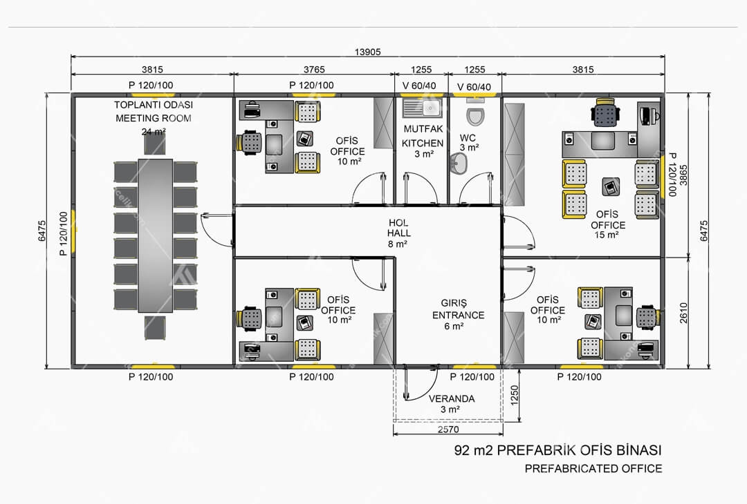 92m² Prefabrik Ofis Planı