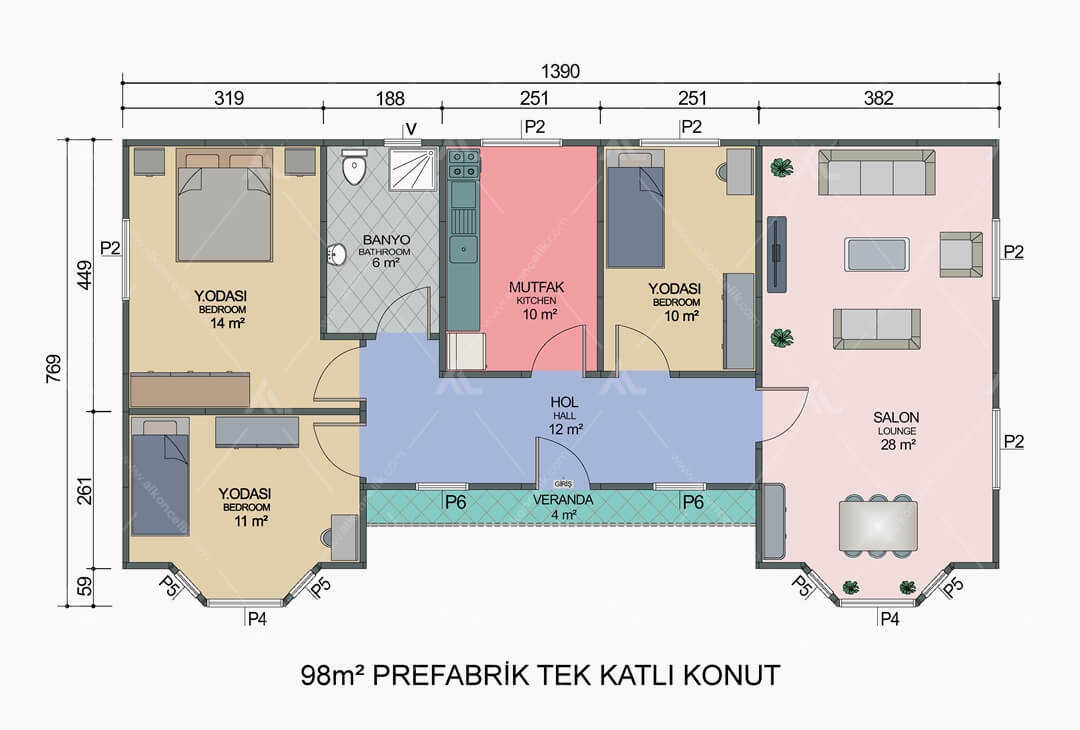 98m² Prefabrik Ev Planı