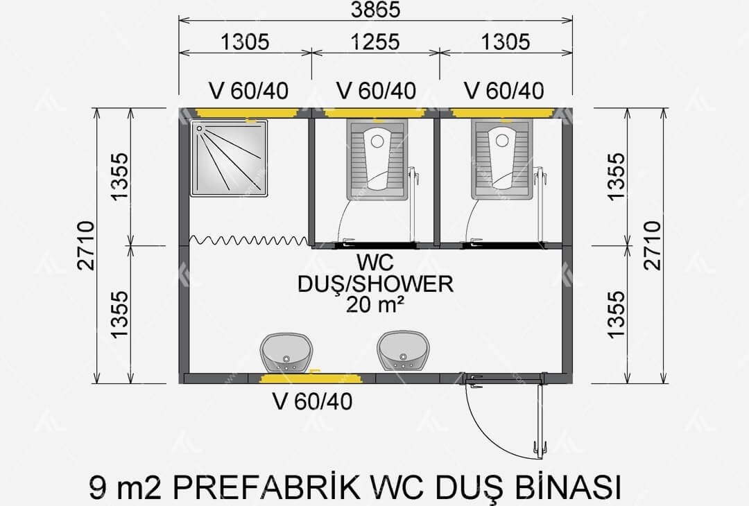 9m² Prefabrik Wc Duş Planı